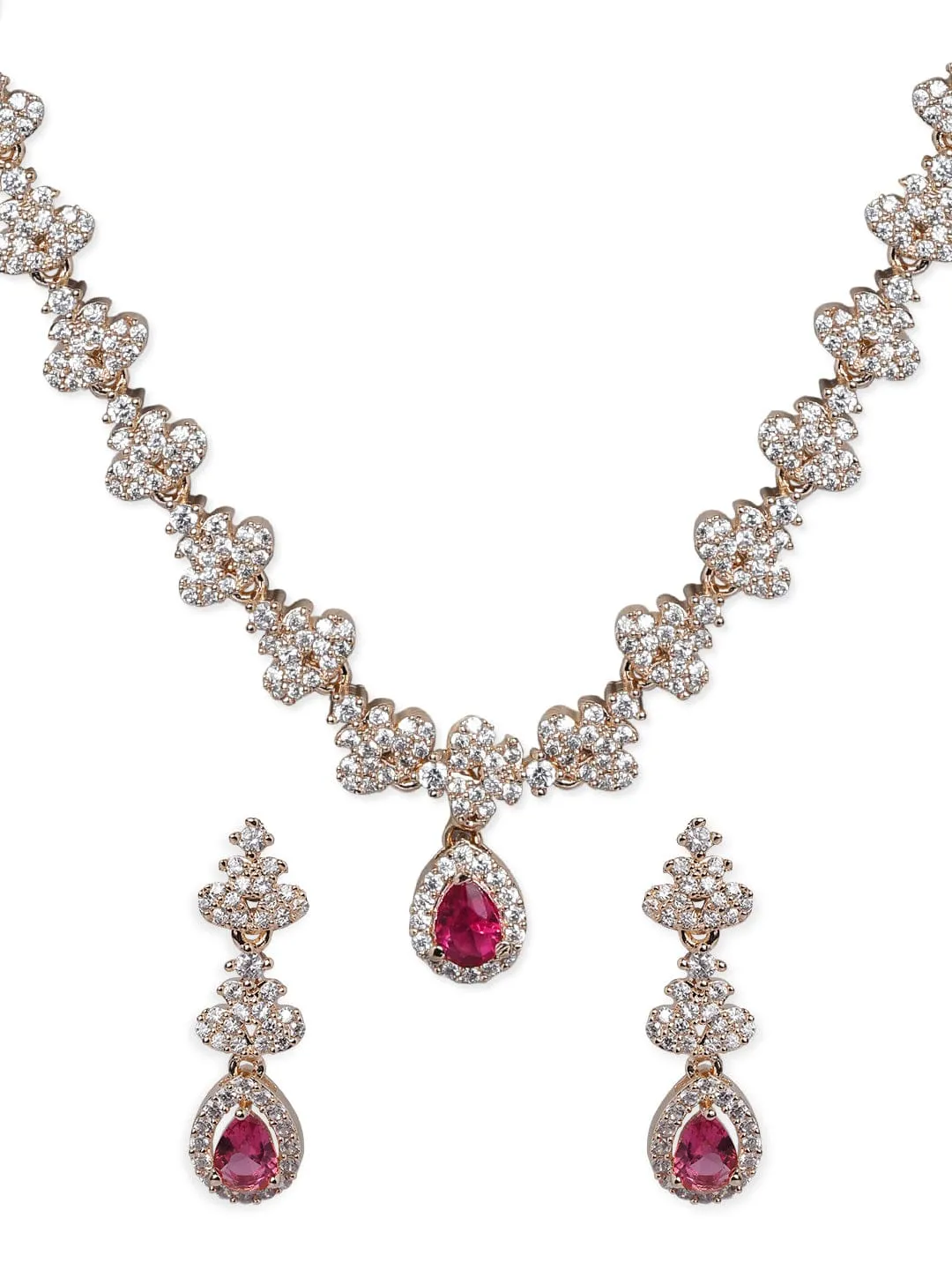 Rubans Rose Gold Plated Necklace Set in CZ and Pink Stones