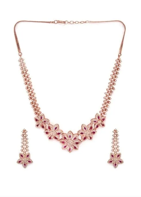 Rubans Rose Gold Plated Pleasing CZ Studded Statement Floral Necklace Set