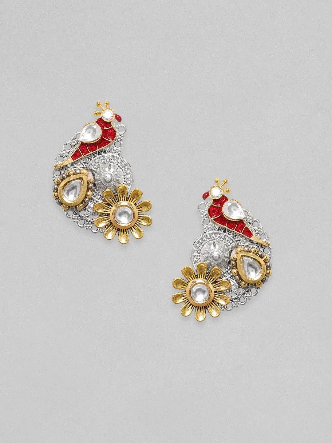 Rubans Silver & Gold Plated Kundan Studded Red Enemal Stud Earring