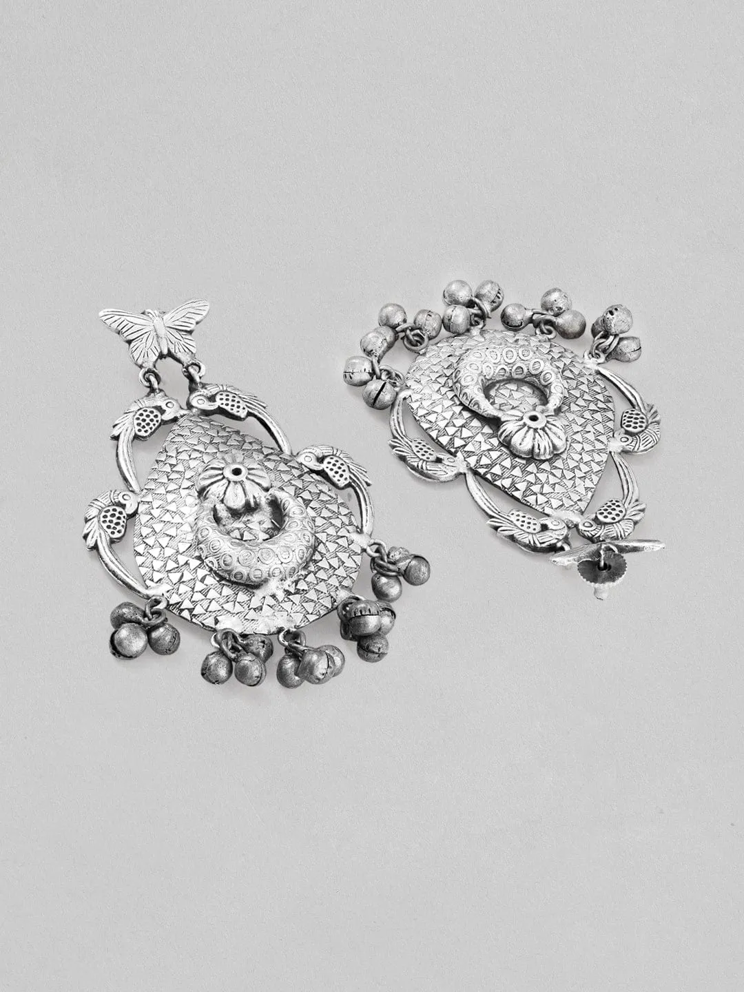 Rubans Silver Oxidised Drop Earrings With Butterfly Design And Silver Beads