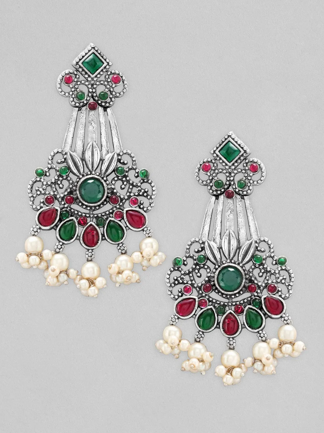 Rubans Silver Oxidised Drop Earrings With Studded Pink And Green Stones