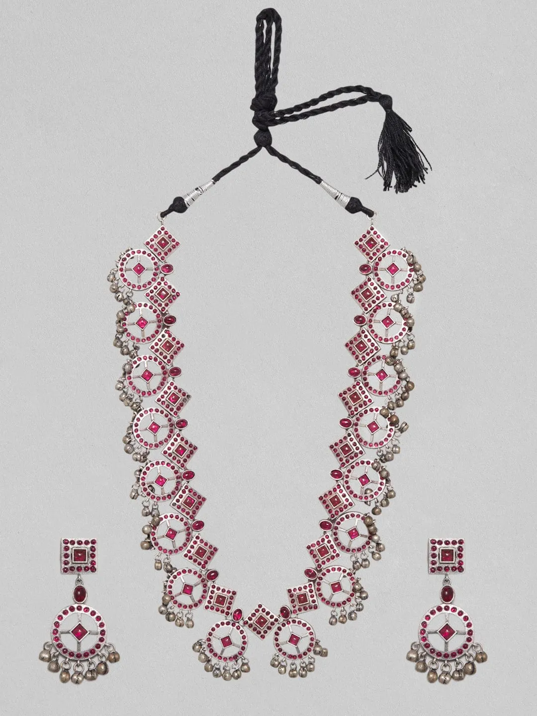 Rubans Silver Oxidised Necklace Set With Studded Pink Stones