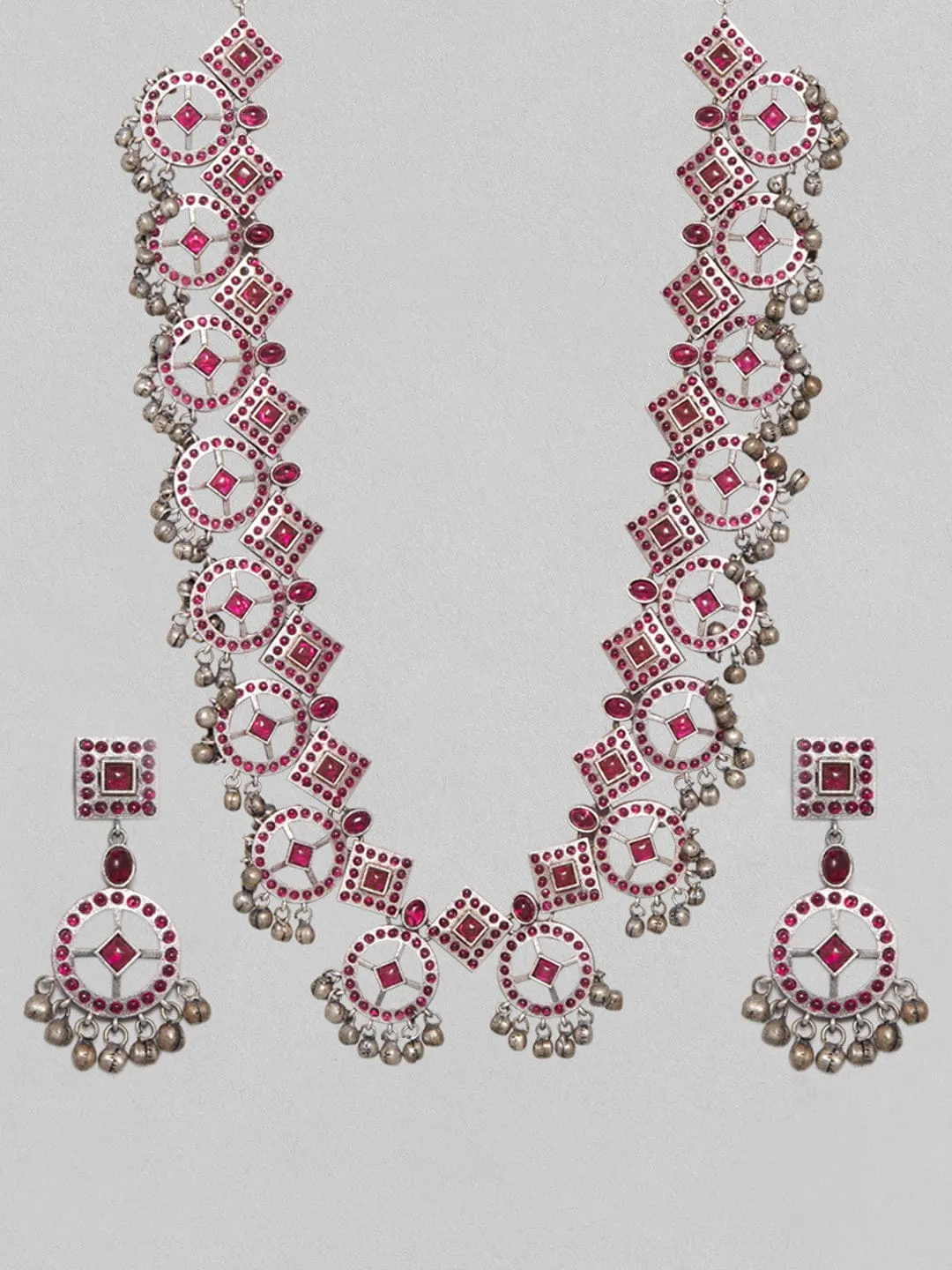 Rubans Silver Oxidised Necklace Set With Studded Pink Stones