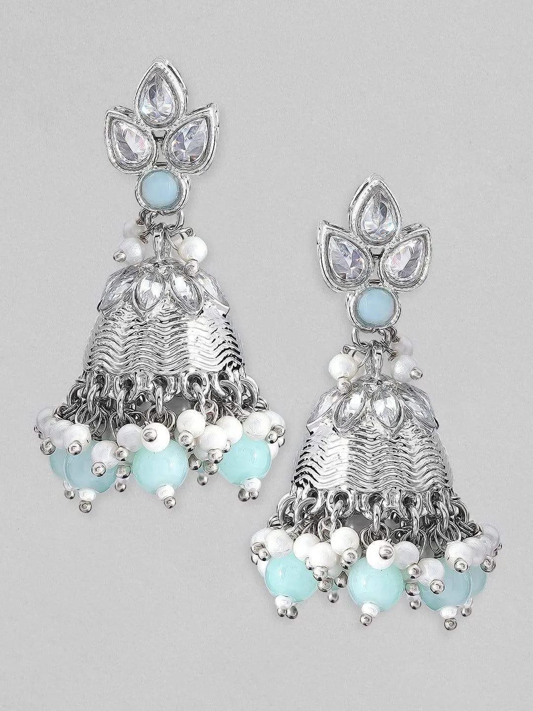 Rubans Silver Plated Blue Studded Jhumka Earrings