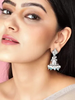 Rubans Silver Plated Blue Studded Jhumka Earrings