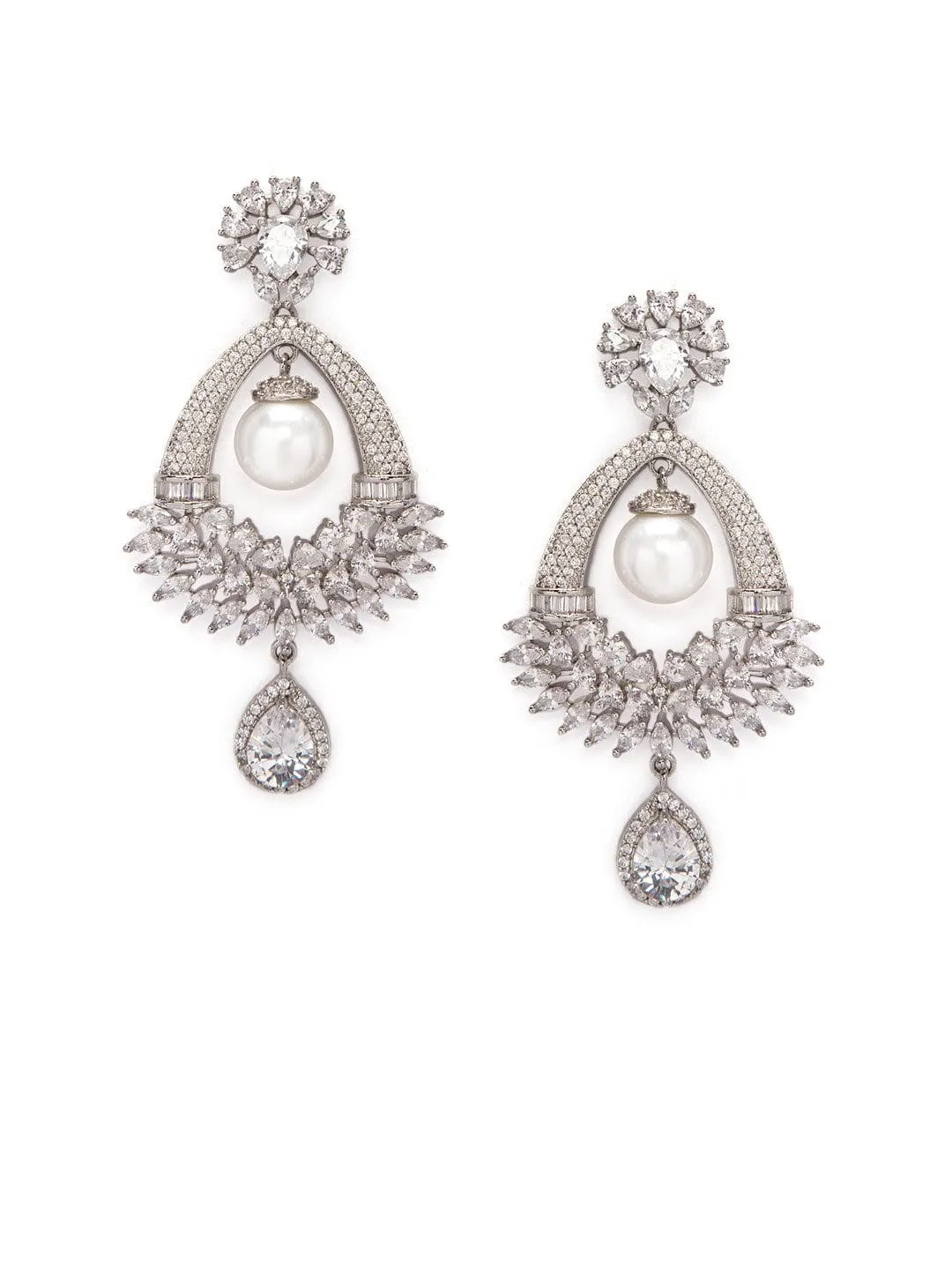 Rubans Silver Toned Elegant CZ Studded Pearl Drop  Earrings