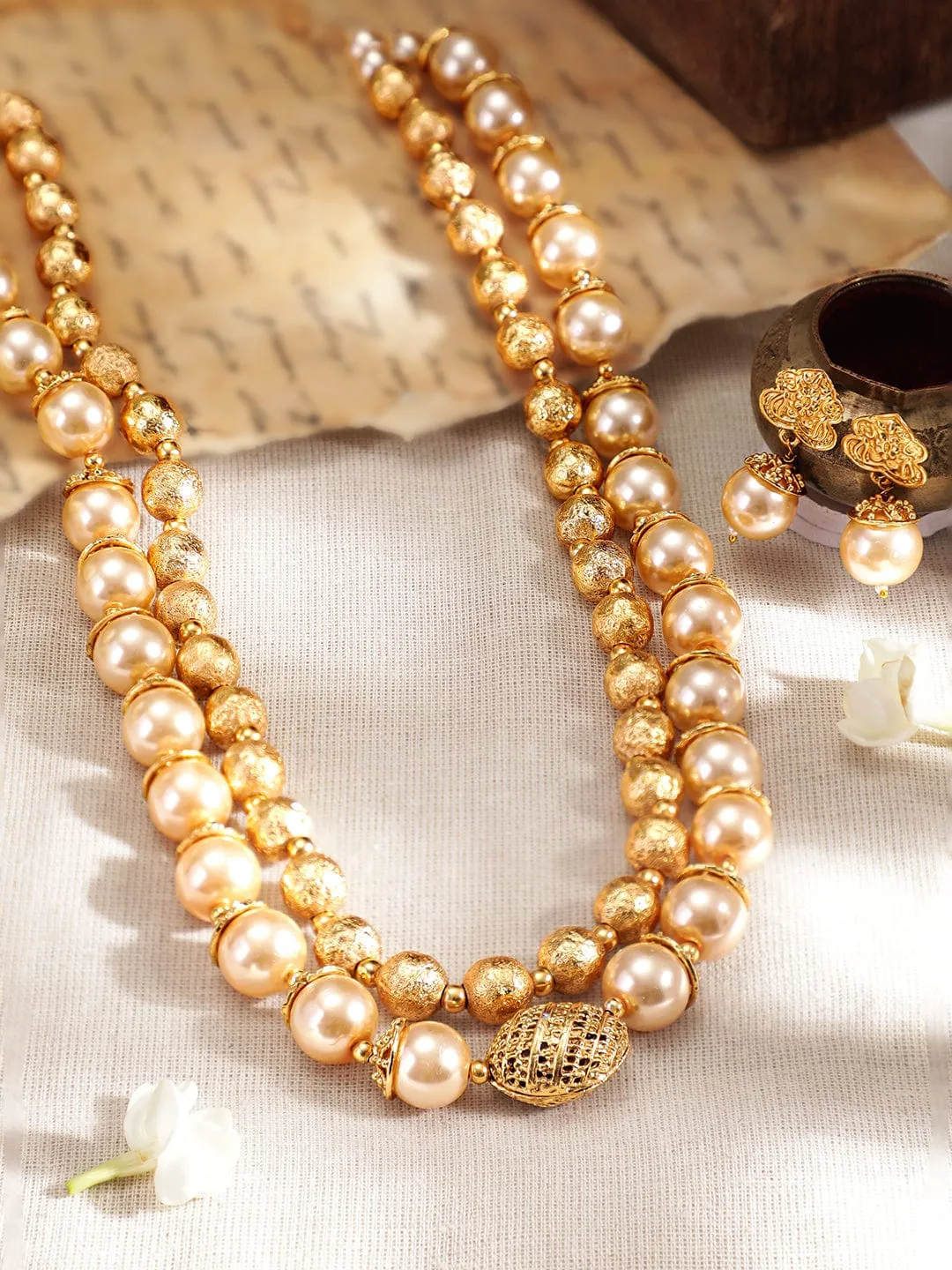 Rubans Traditional Handmade Pearl And Antique Gold Beads Strand Multilayer Necklace Set