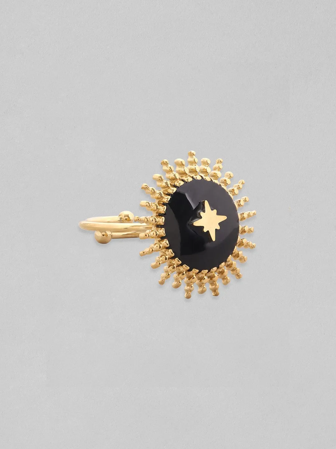 Rubans Voguish 18K Gold Plated Stainless Steel Black Enamel With Star Ring.