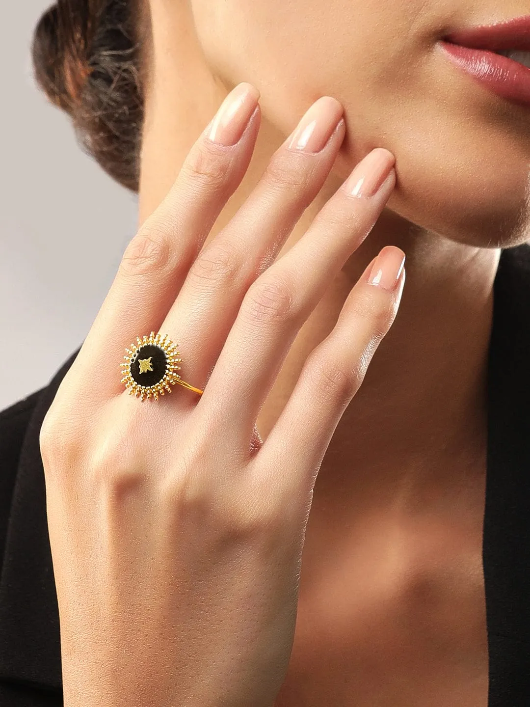 Rubans Voguish 18K Gold Plated Stainless Steel Black Enamel With Star Ring.