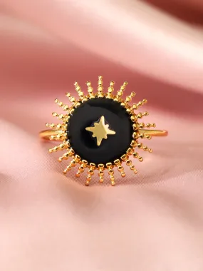 Rubans Voguish 18K Gold Plated Stainless Steel Black Enamel With Star Ring.