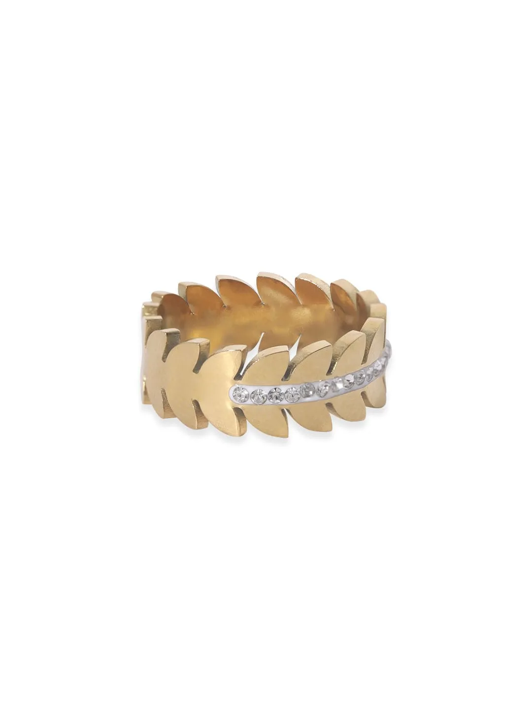 Rubans Voguish 22K Gold plated Stainless Steel Waterproof Leaf motif zirconia studded Tarnish free Ring