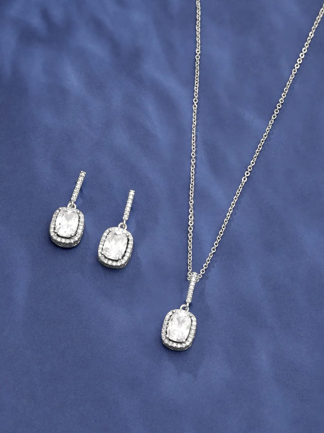 Rubans Voguish Rhodium-Plated Brilliant Cut Zirconia Dazzling Timeless Pendant Set