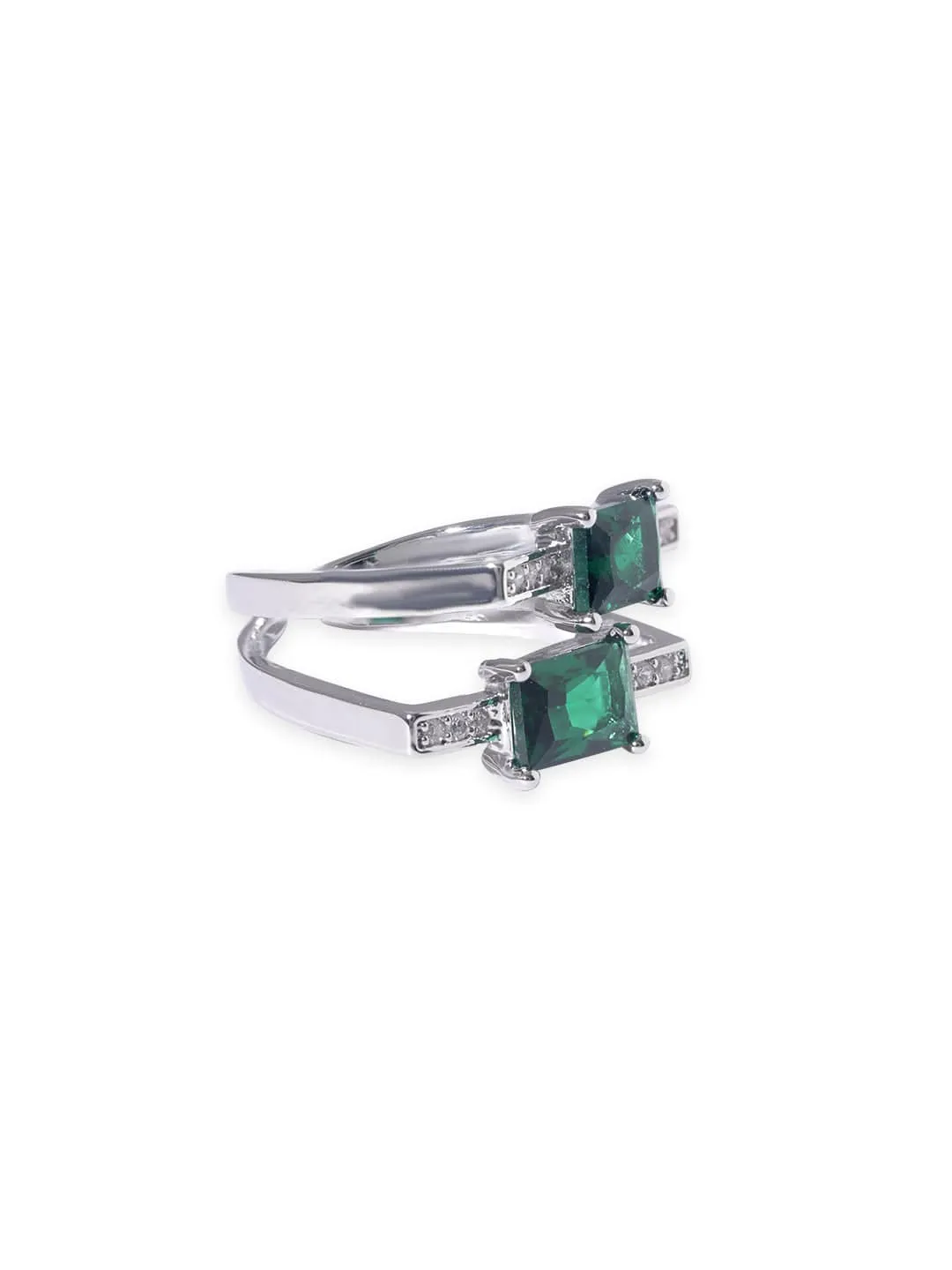 Rubans Voguish Rhodium plated Stainless Steel Green Zirconia Studded Adjustable Ring