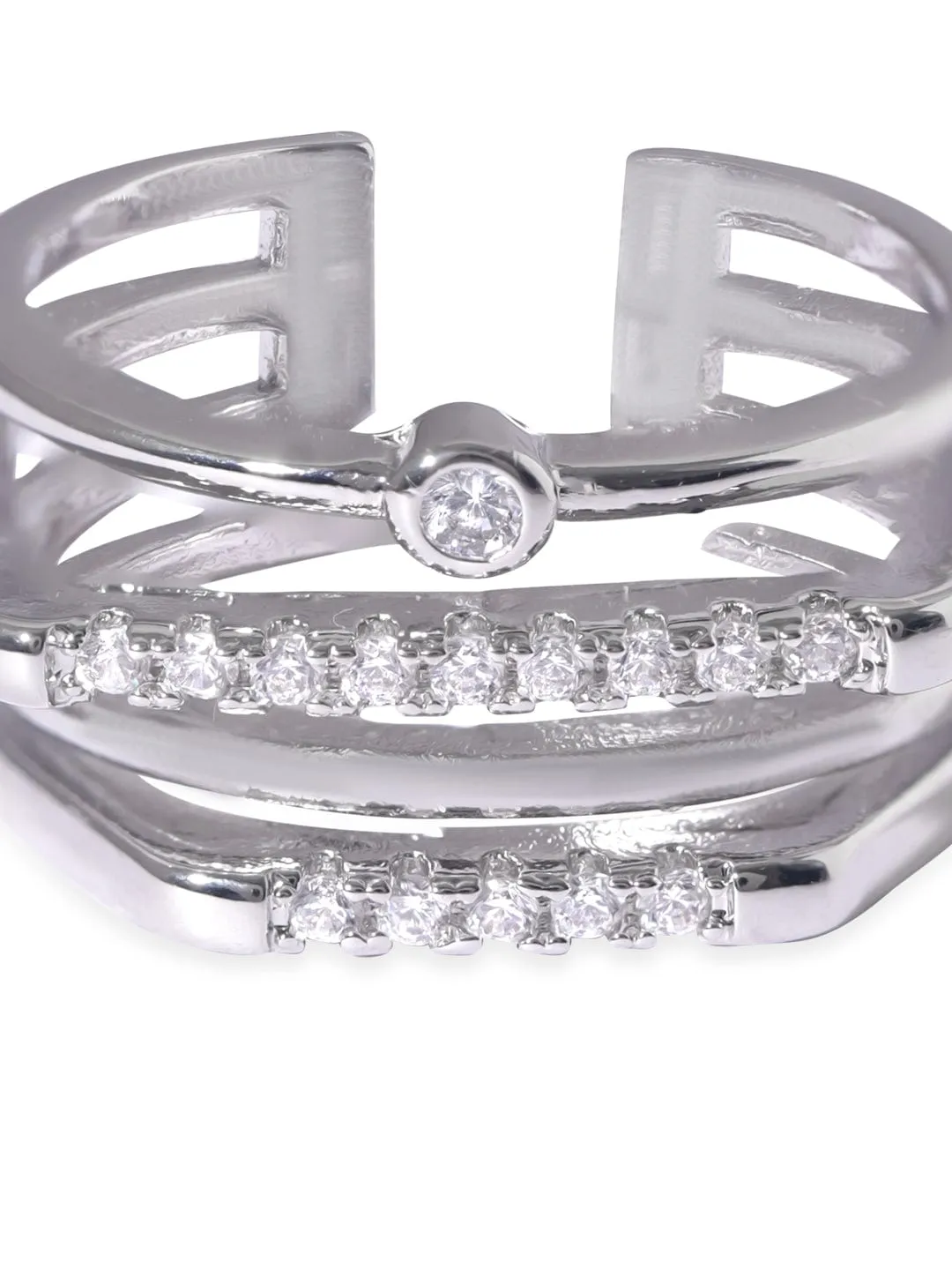 Rubans Voguish Rhodium plated Zirconia Studded Layered Contemporary Adjustable Ring