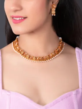 Rubans Women Gold-Plated & Red Handpainted Stone-Studded With Pearls Jewellery Set