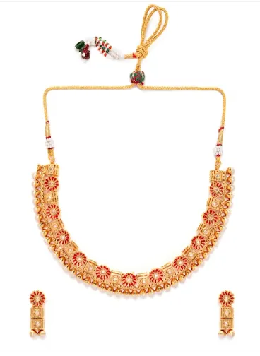 Rubans Women Gold-Plated & Red Handpainted Stone-Studded With Pearls Jewellery Set