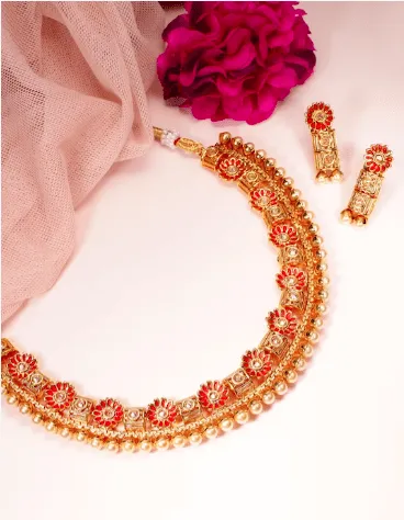 Rubans Women Gold-Plated & Red Handpainted Stone-Studded With Pearls Jewellery Set