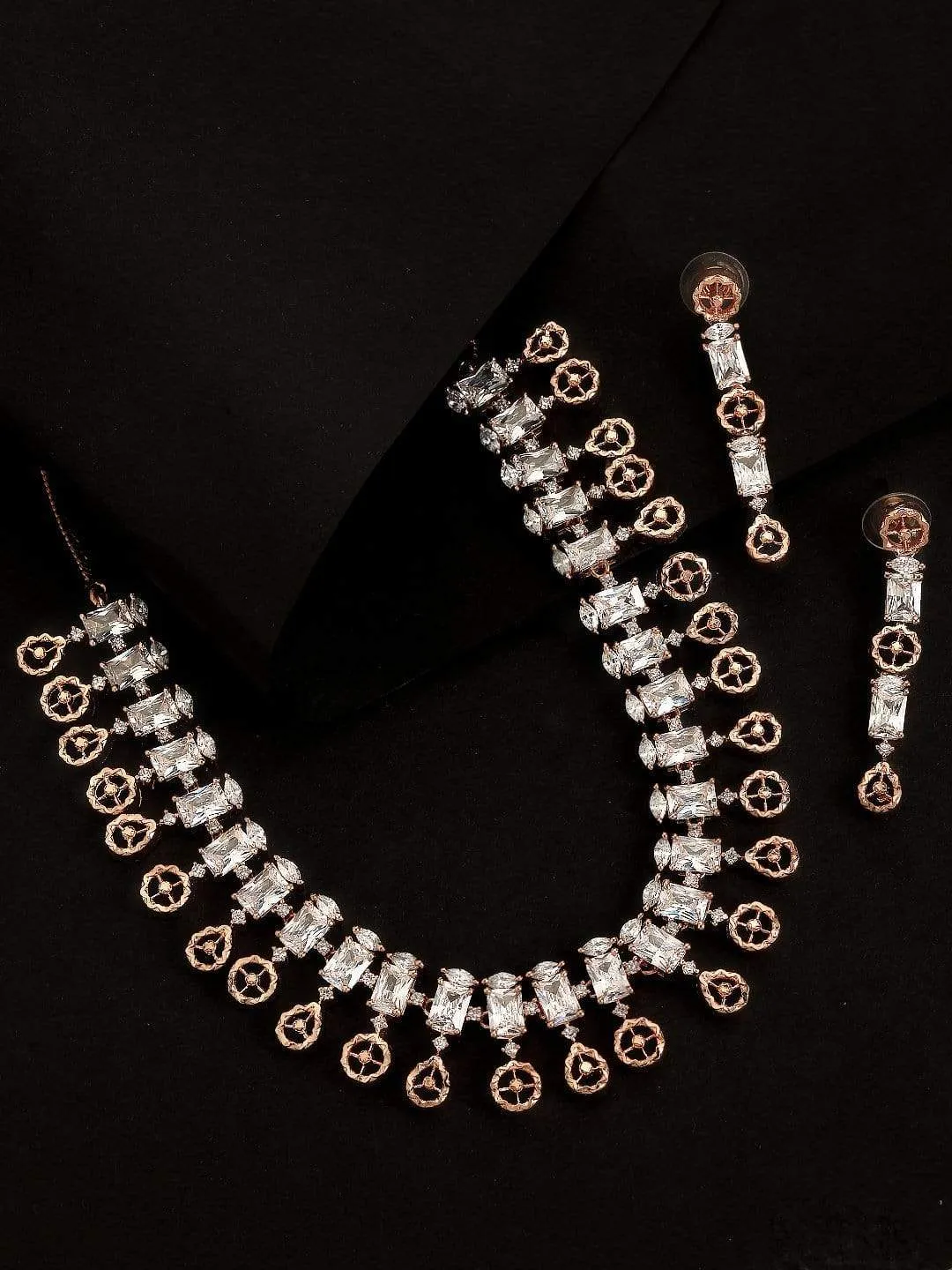 Rubans Zircon Studded Handcrafted Rose Gold Plated Statement Necklace Set