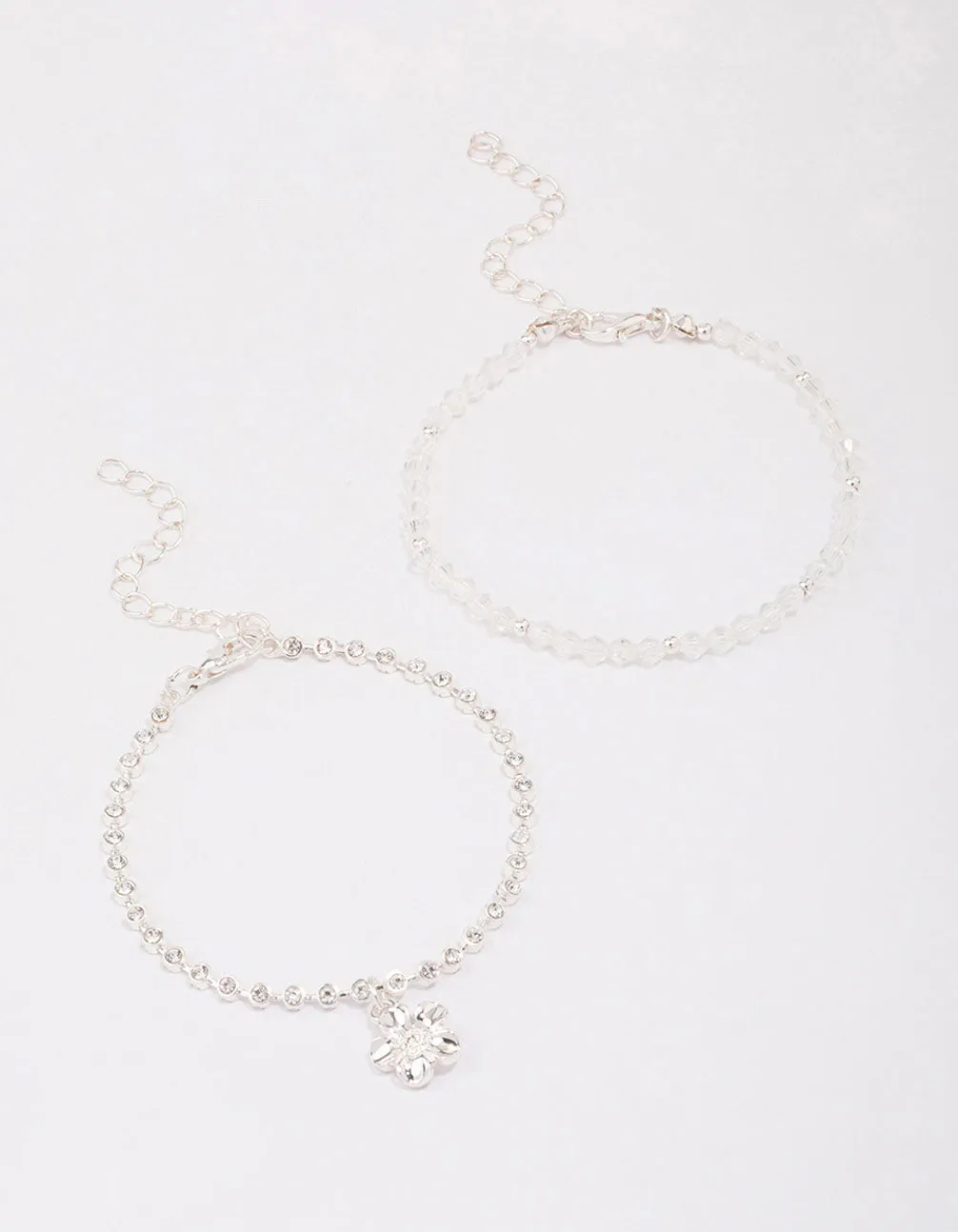 Silver Beaded Diamante Flower Bracelet Pack