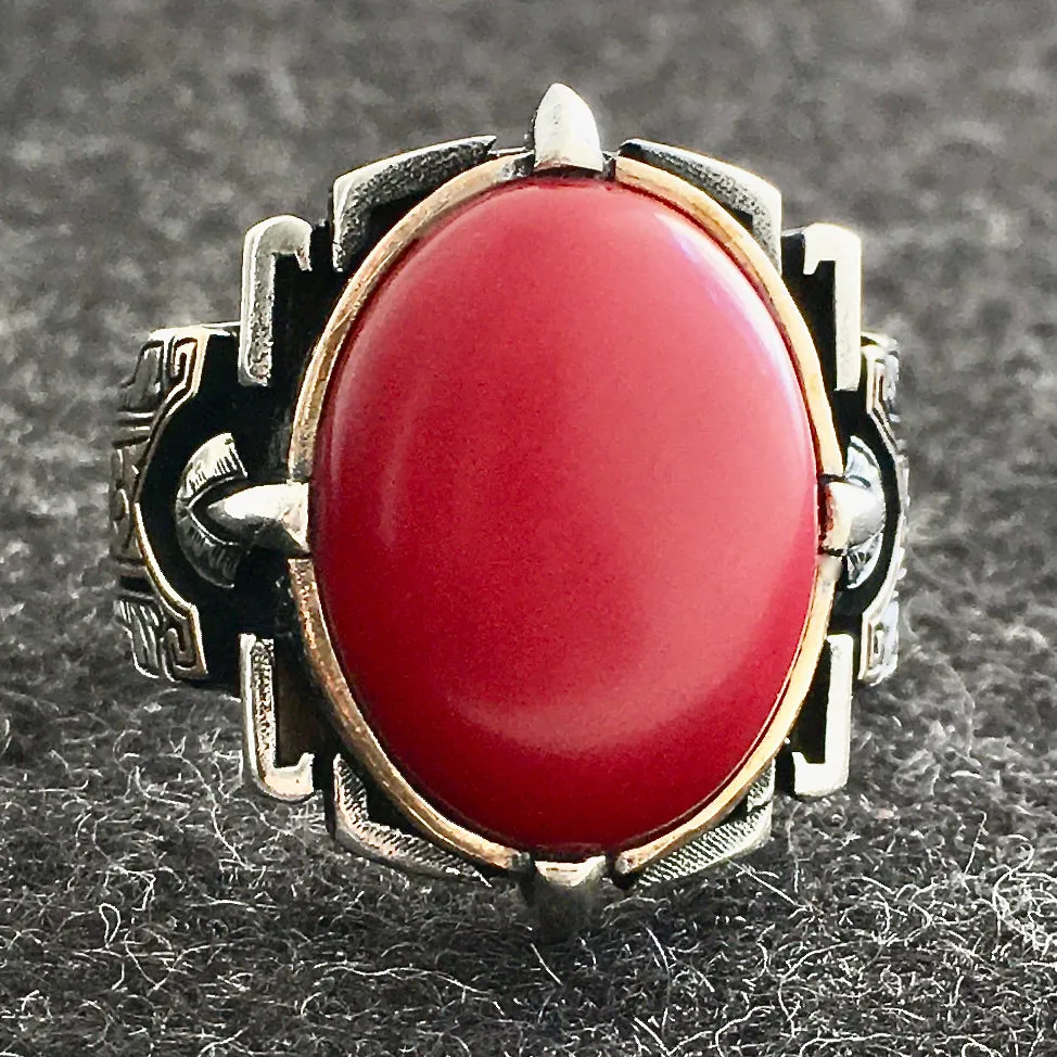 Silver Men's Ring natural Red Coral Turkish Artisan Handmade Jewelry