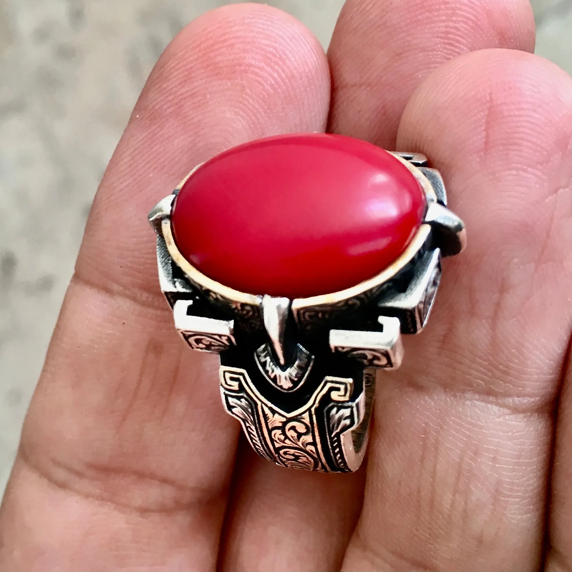 Silver Men's Ring natural Red Coral Turkish Artisan Handmade Jewelry