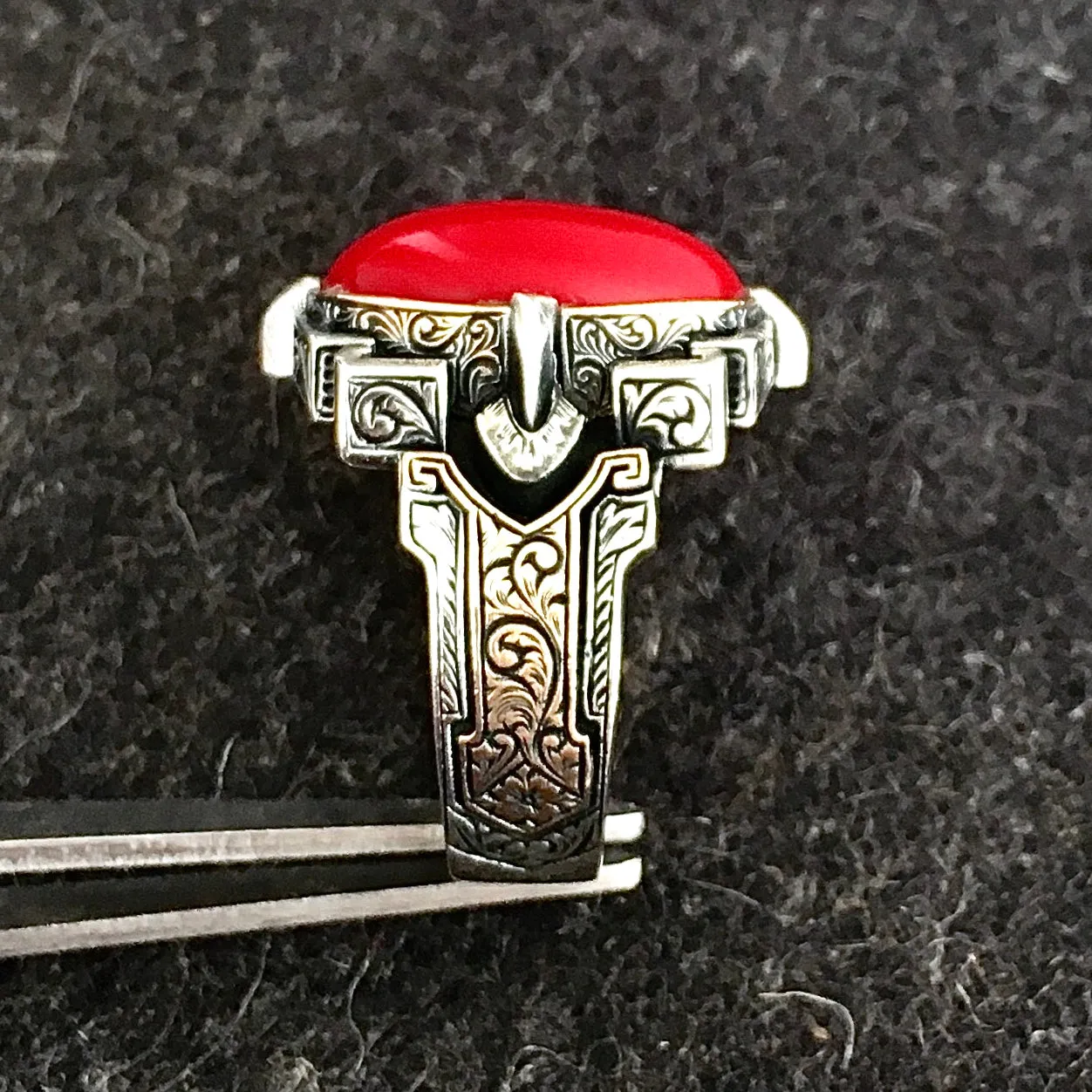 Silver Men's Ring natural Red Coral Turkish Artisan Handmade Jewelry