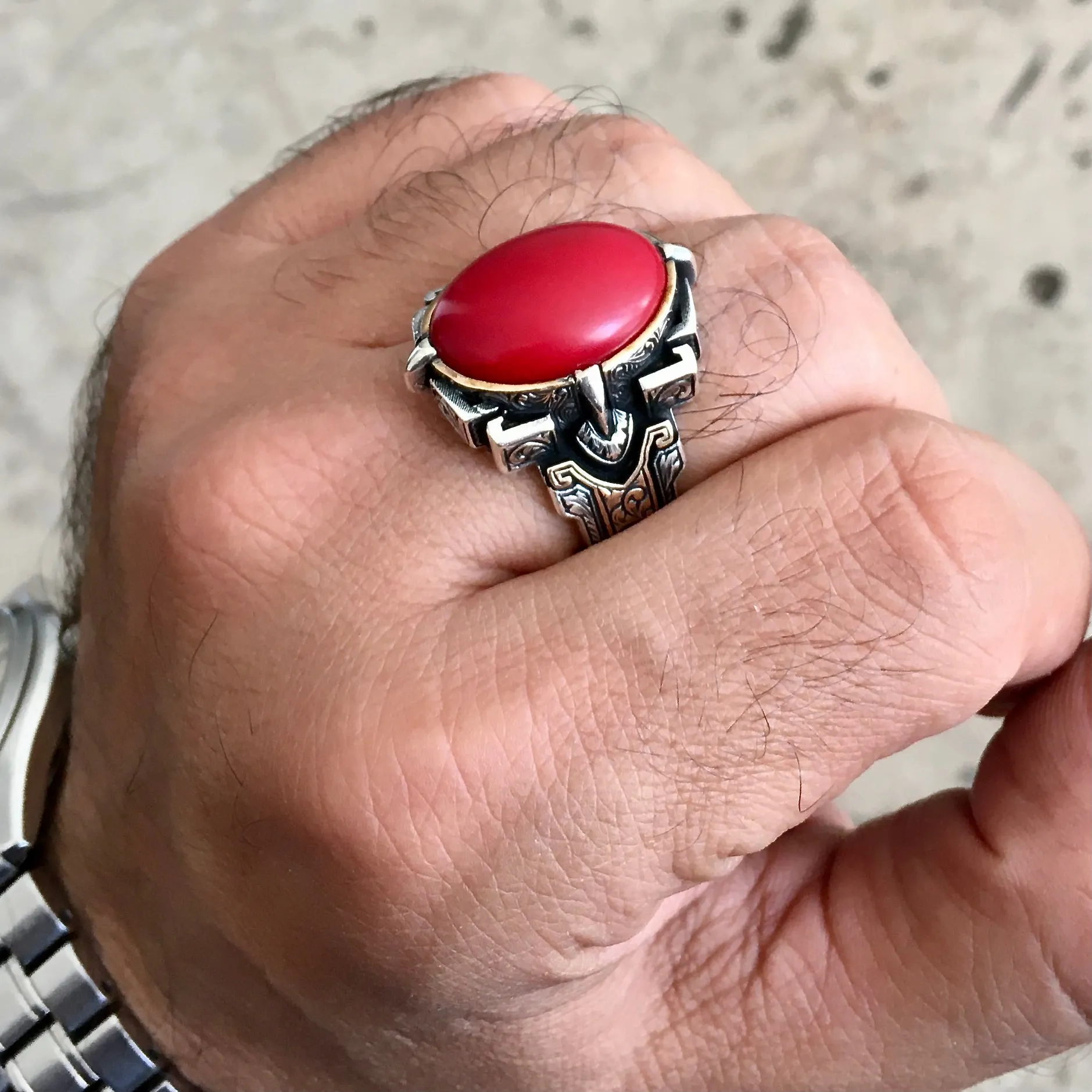 Silver Men's Ring natural Red Coral Turkish Artisan Handmade Jewelry