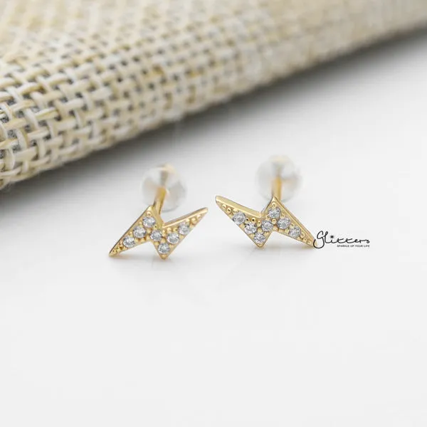 Solid 925 Sterling Silver CZ Lightning Stud Earrings