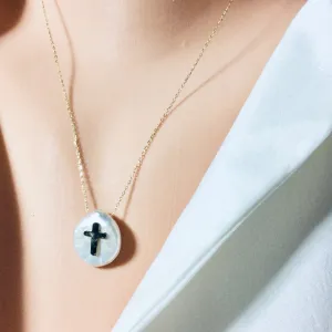 Solid Gold 18K Cross on Coin Pearl Pendant 18Inches