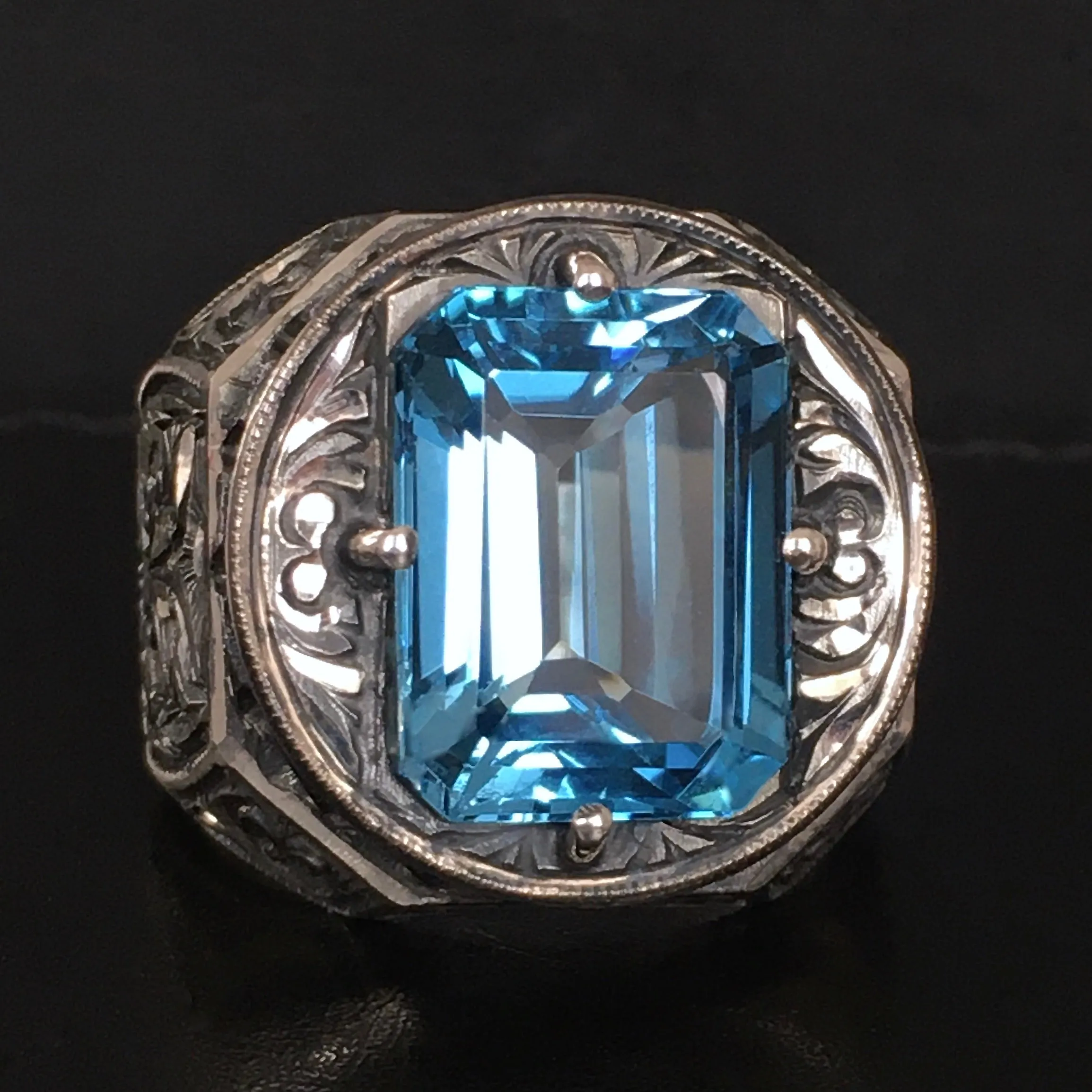 Solid Silver Piece of Art 10ct Aquamarine Handmade Engraved Ring Unique Artisan Jewelry