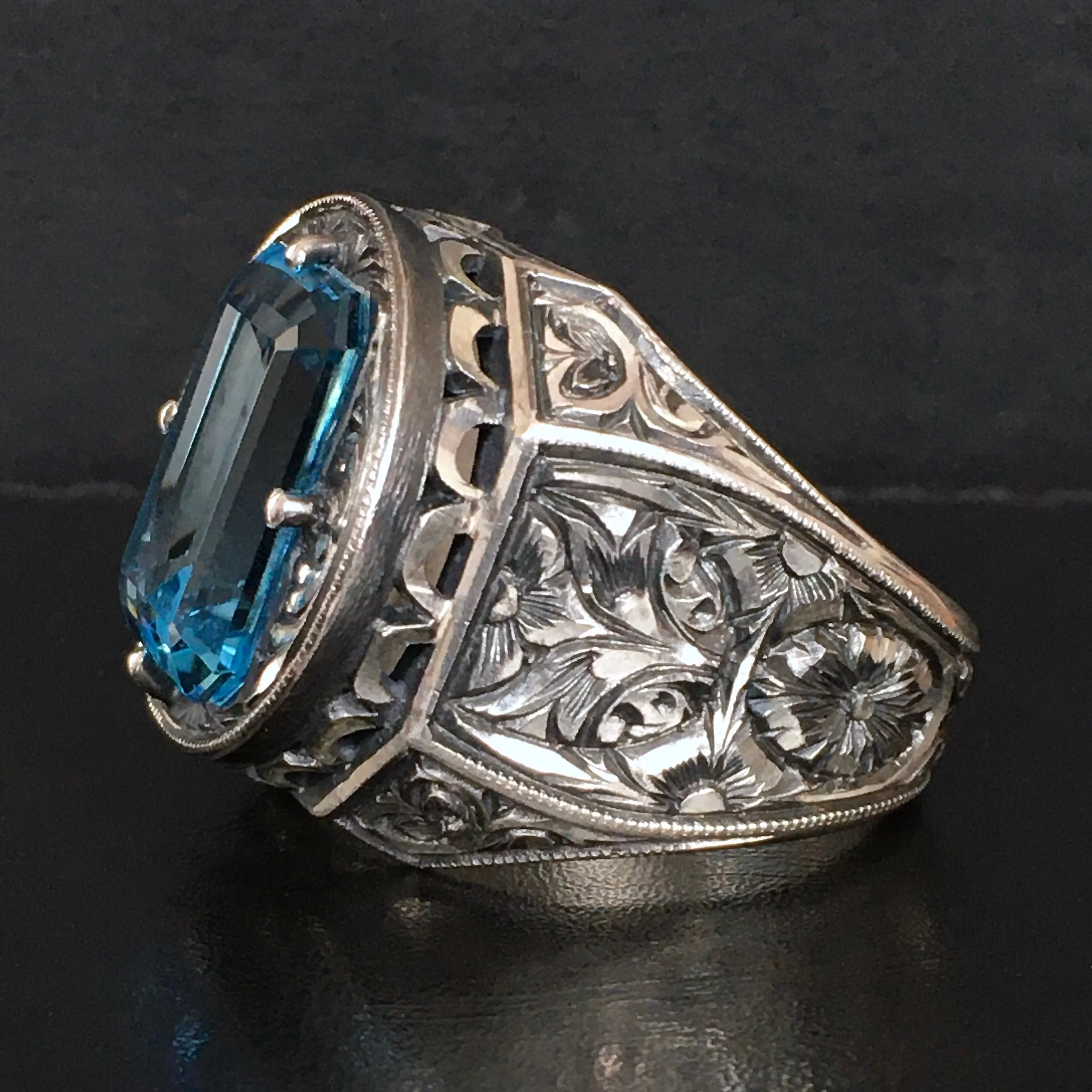 Solid Silver Piece of Art 10ct Aquamarine Handmade Engraved Ring Unique Artisan Jewelry