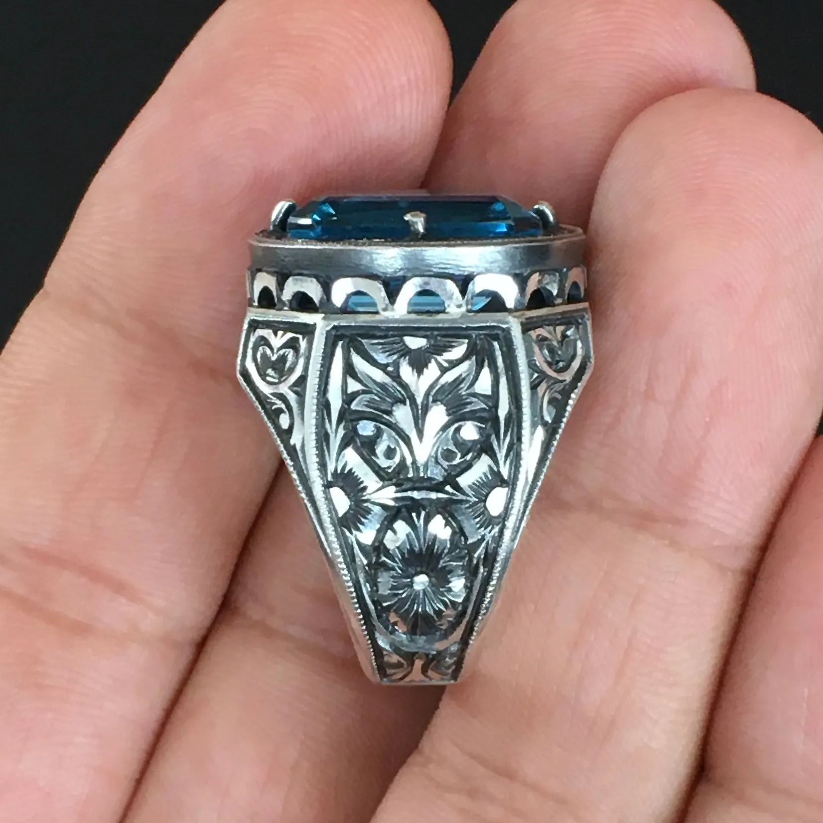 Solid Silver Piece of Art 10ct Aquamarine Handmade Engraved Ring Unique Artisan Jewelry