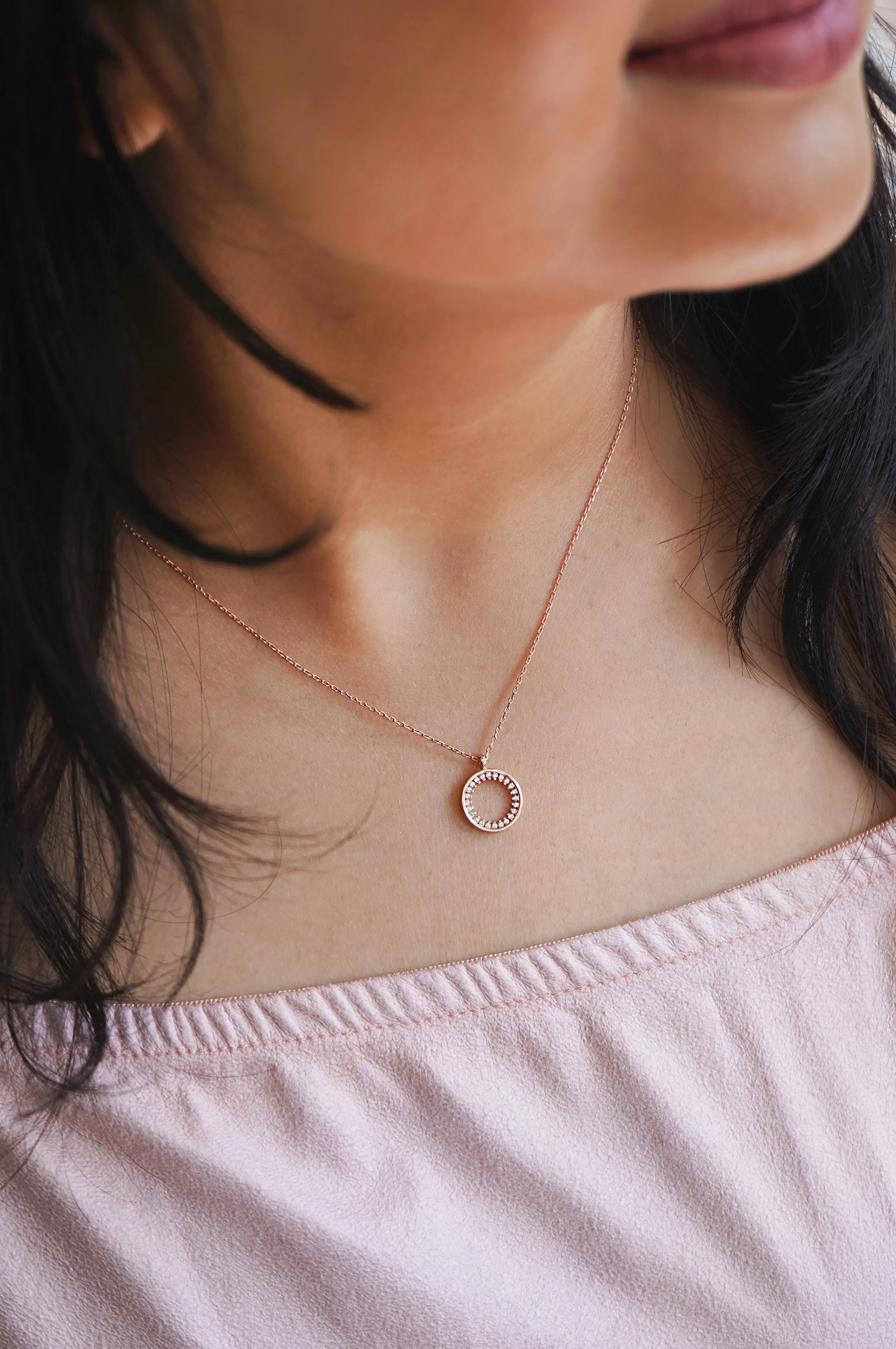 Sparkling Circle Rose Gold Plated Sterling Silver Pendant With Chain