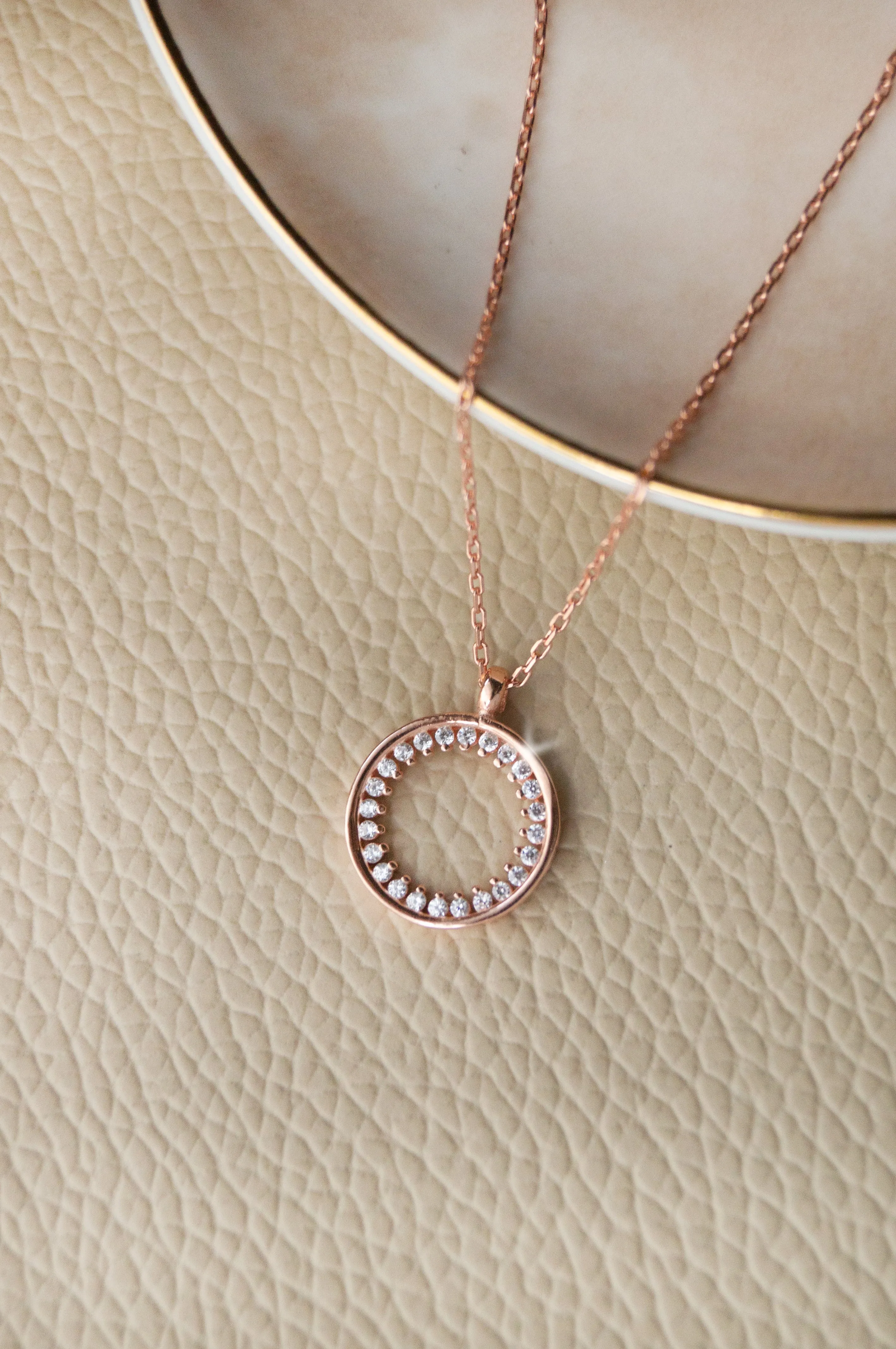 Sparkling Circle Rose Gold Plated Sterling Silver Pendant With Chain