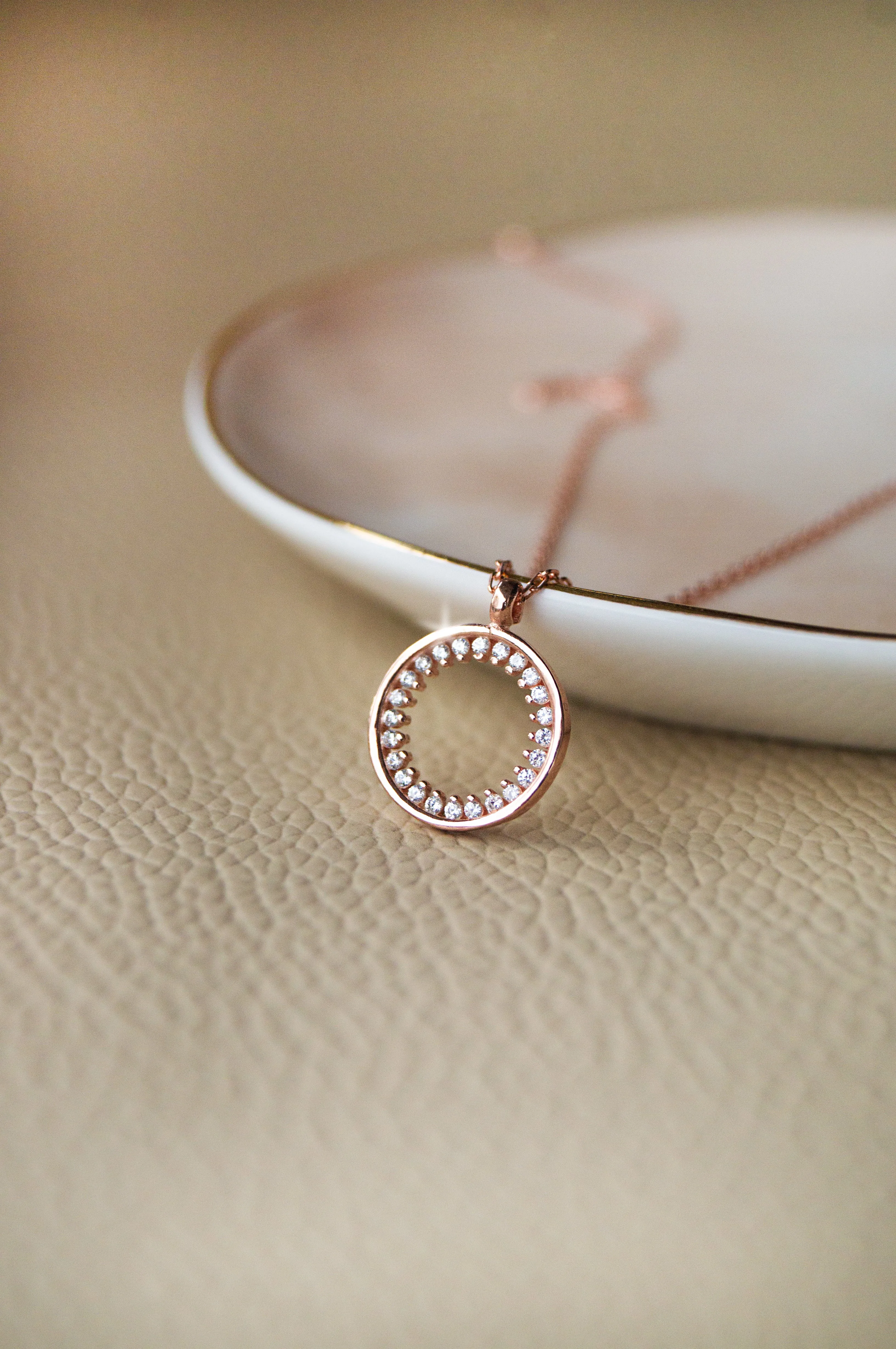 Sparkling Circle Rose Gold Plated Sterling Silver Pendant With Chain