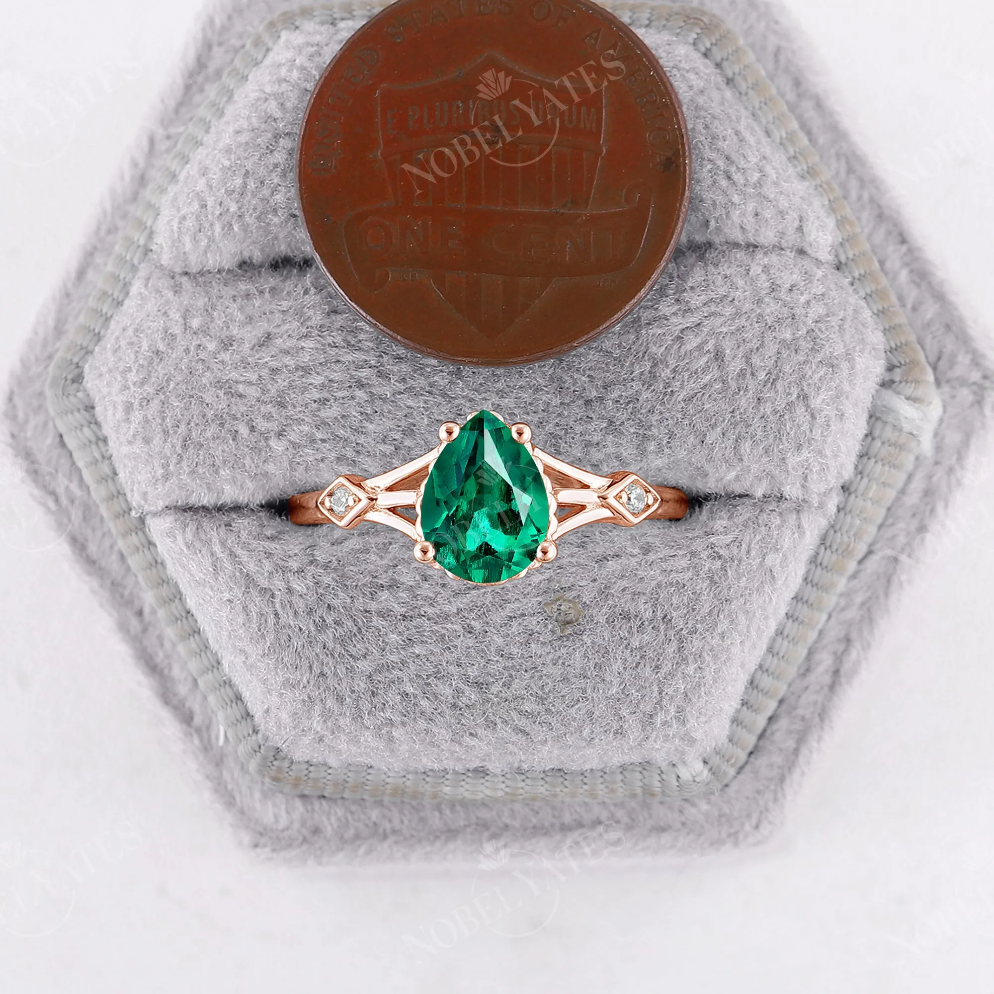 Split Band Lab Emerald Engagement Ring Pear Cut Rose Gold