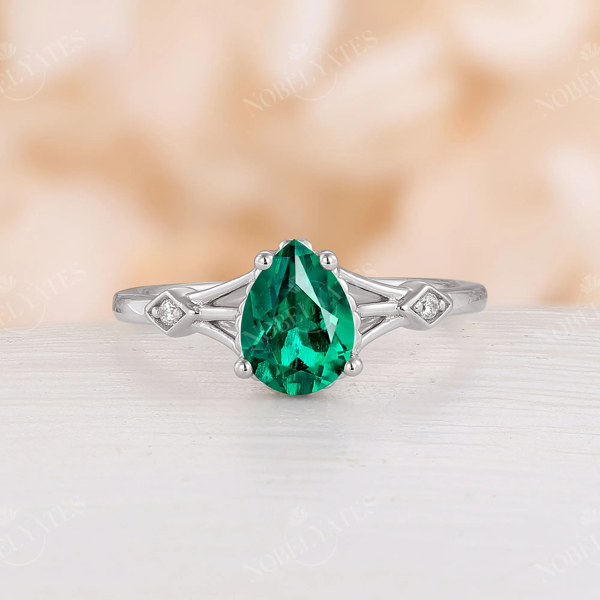 Split Band Lab Emerald Engagement Ring Pear Cut Rose Gold