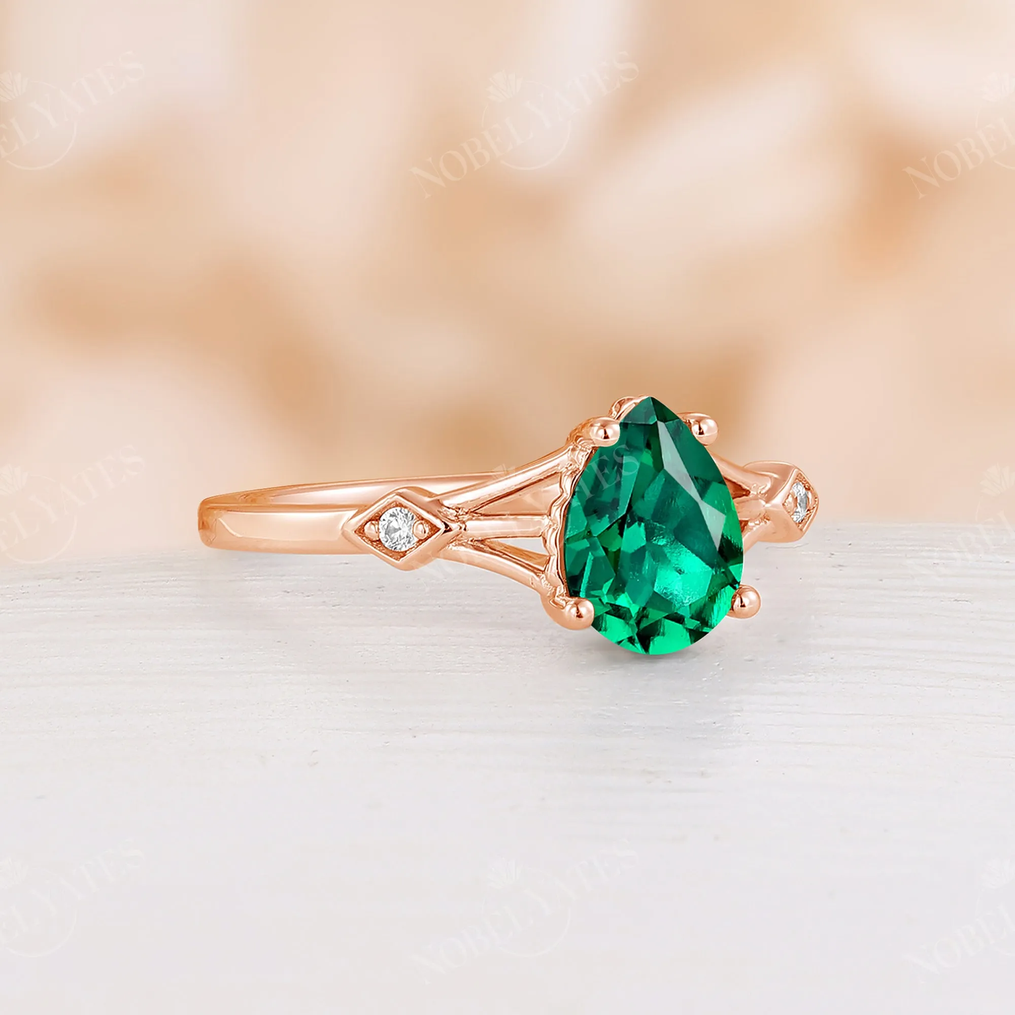 Split Band Lab Emerald Engagement Ring Pear Cut Rose Gold