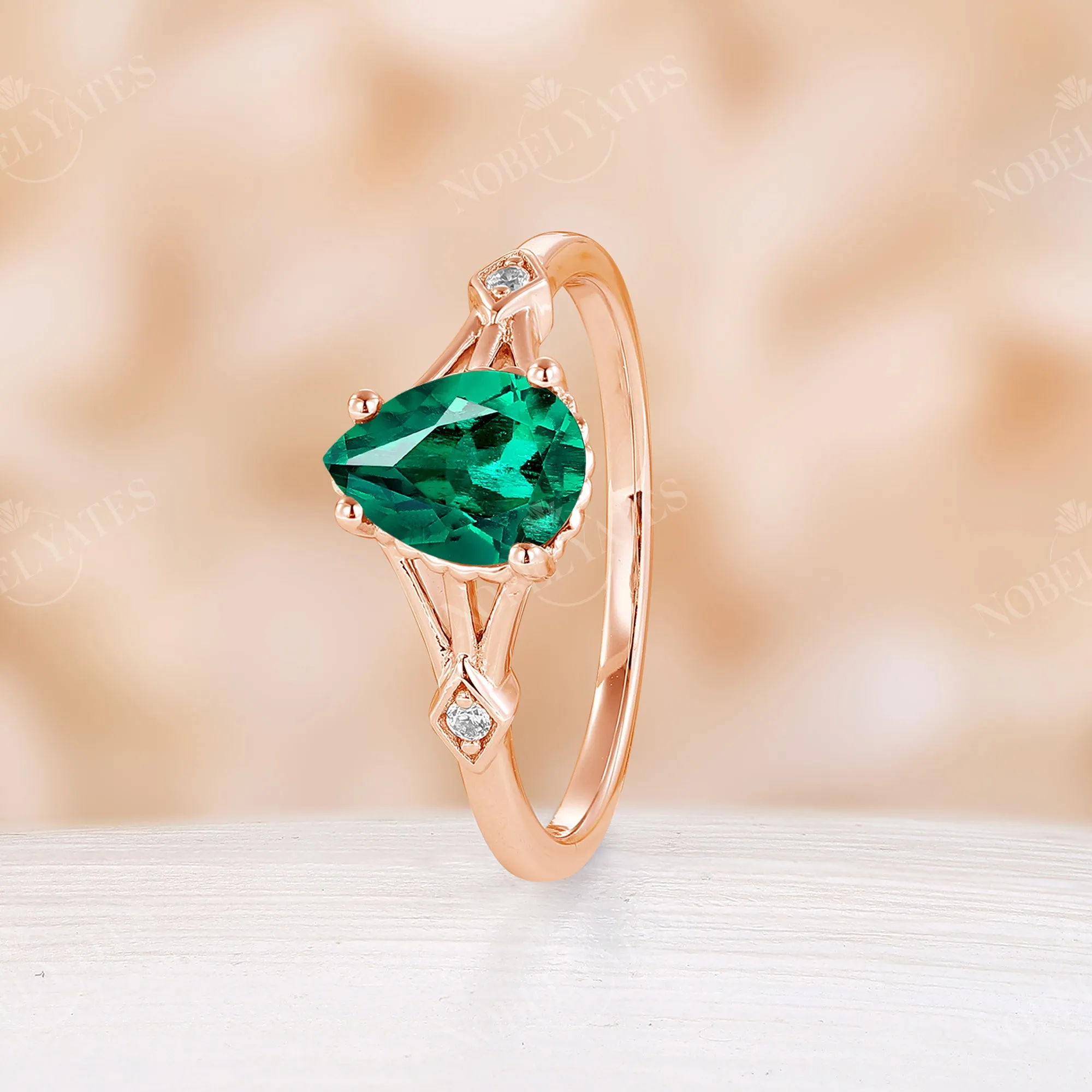 Split Band Lab Emerald Engagement Ring Pear Cut Rose Gold