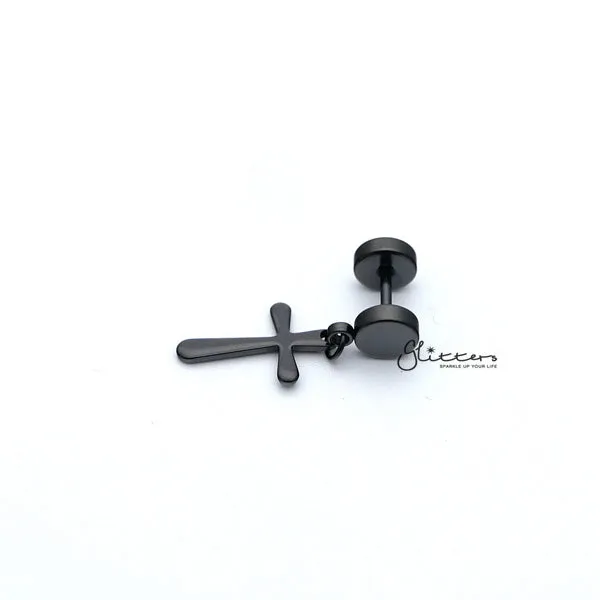 Stainless Steel Drop Cross Fake Plug Earring - Black