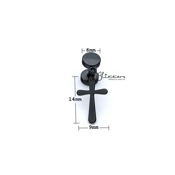 Stainless Steel Drop Cross Fake Plug Earring - Black