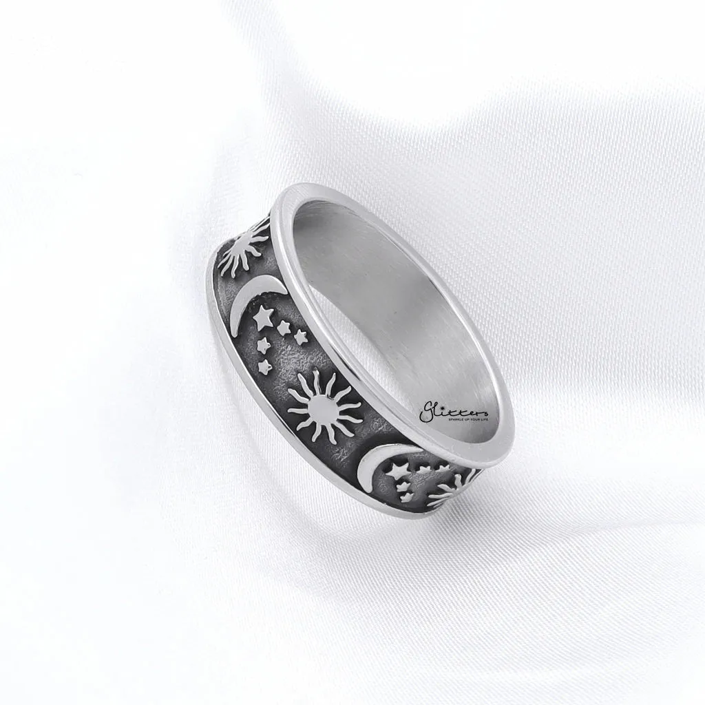 Stainless Steel Sun Moon Stars Ring - Silver