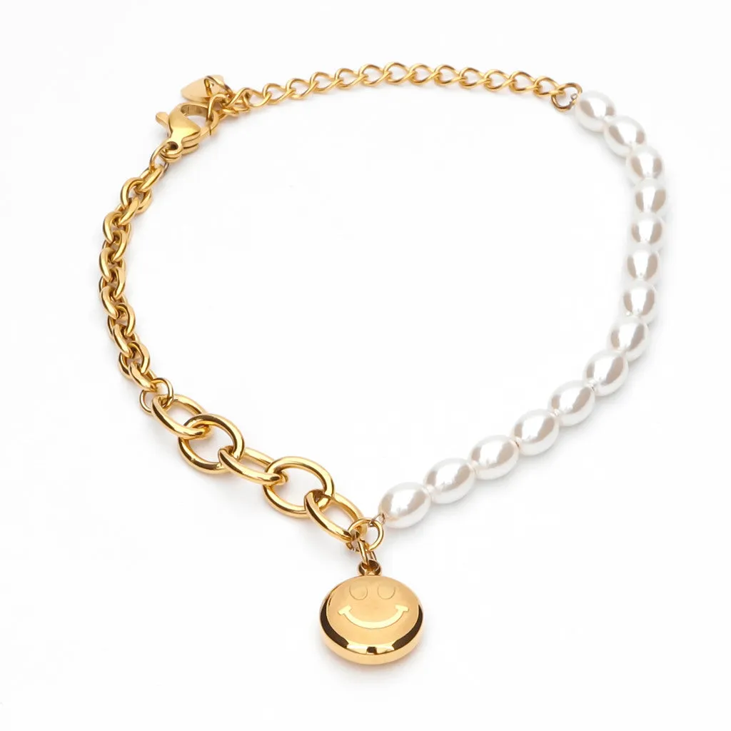 Stainless Steel Women's Bracelet with Dangle Smiley Face Charm - Gold