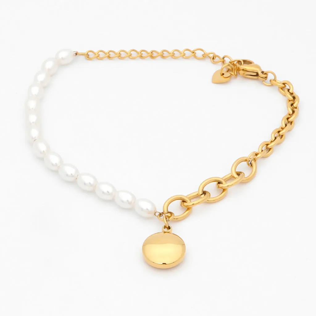 Stainless Steel Women's Bracelet with Dangle Smiley Face Charm - Gold