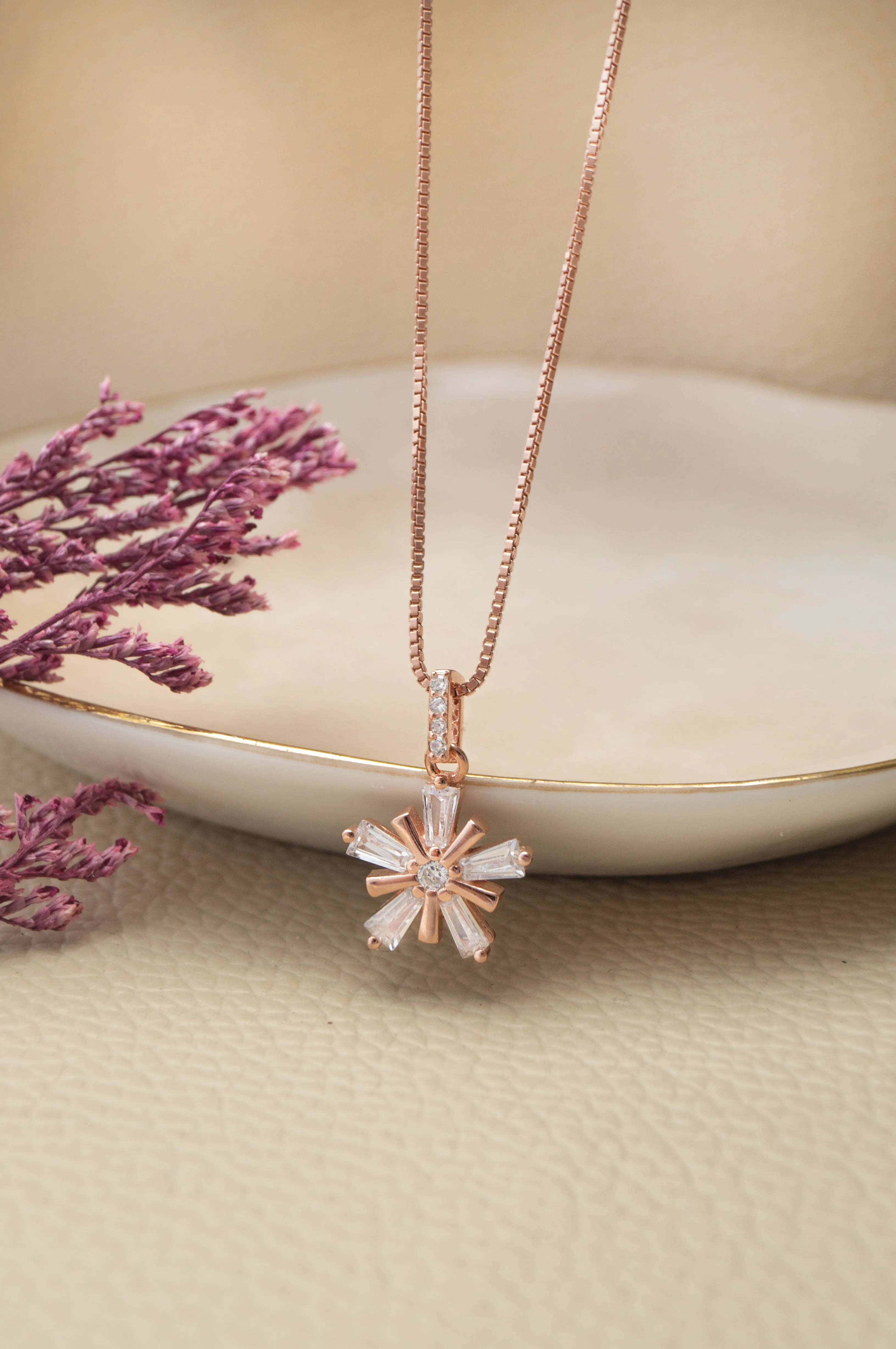 Star Burst Flower Rose Gold Plated Sterling Silver Pendant Set