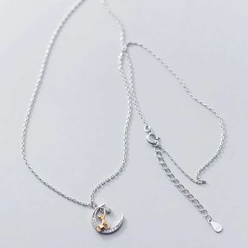 Sterling Silver Cat on the Moon Necklace