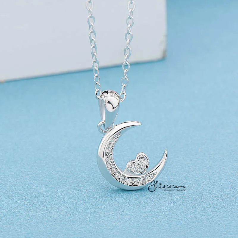 Sterling Silver CZ Paved Moon with CZ Heart in the Middle Women's Necklace