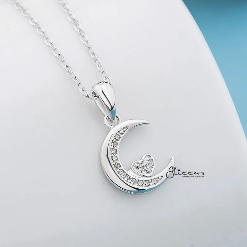 Sterling Silver CZ Paved Moon with CZ Heart in the Middle Women's Necklace