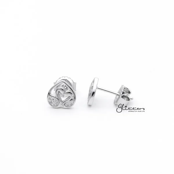 Sterling Silver C.Z Paved Swans Women's Stud Earrings