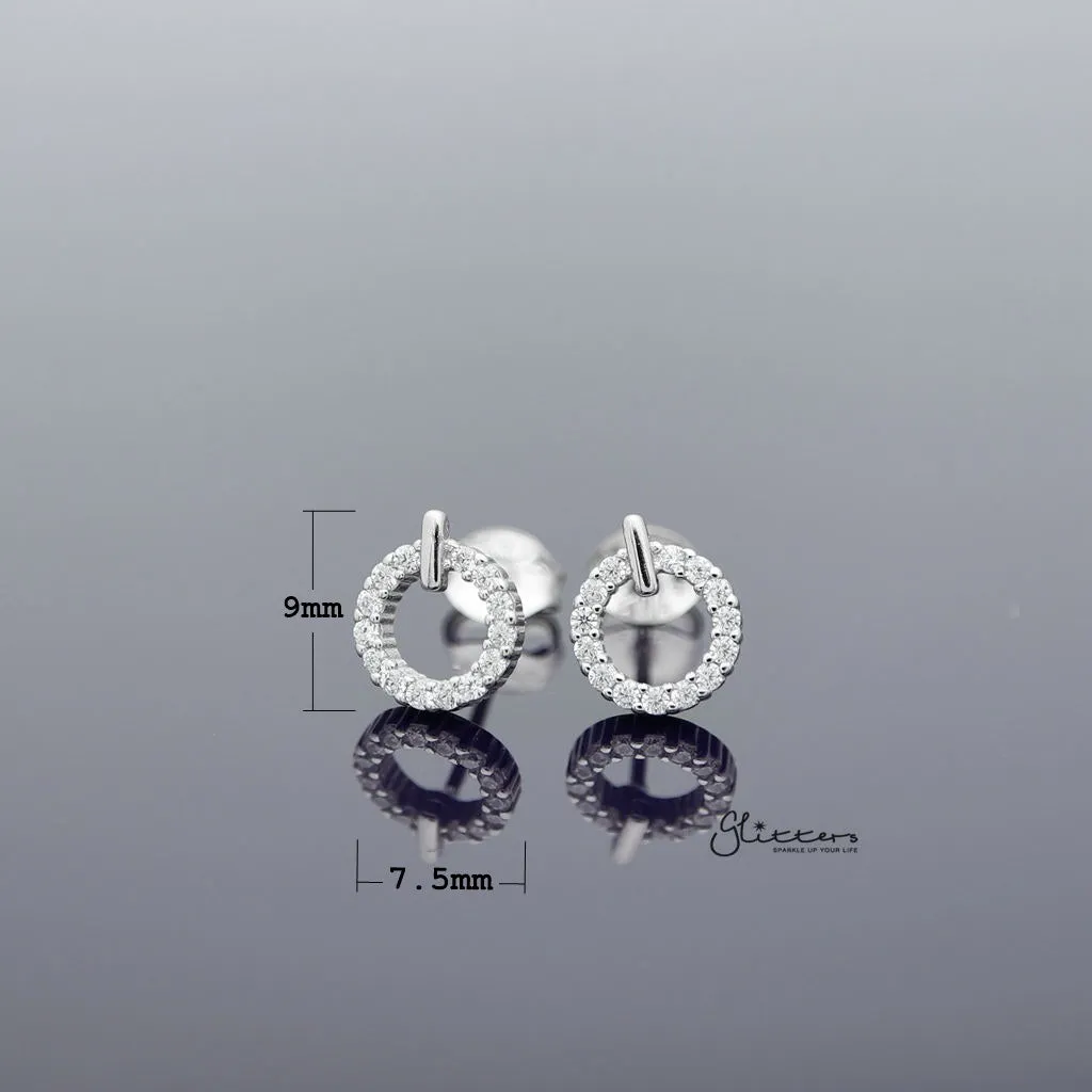 Sterling Silver Hollow Circle with C.Z Paved Women's Stud Earrings